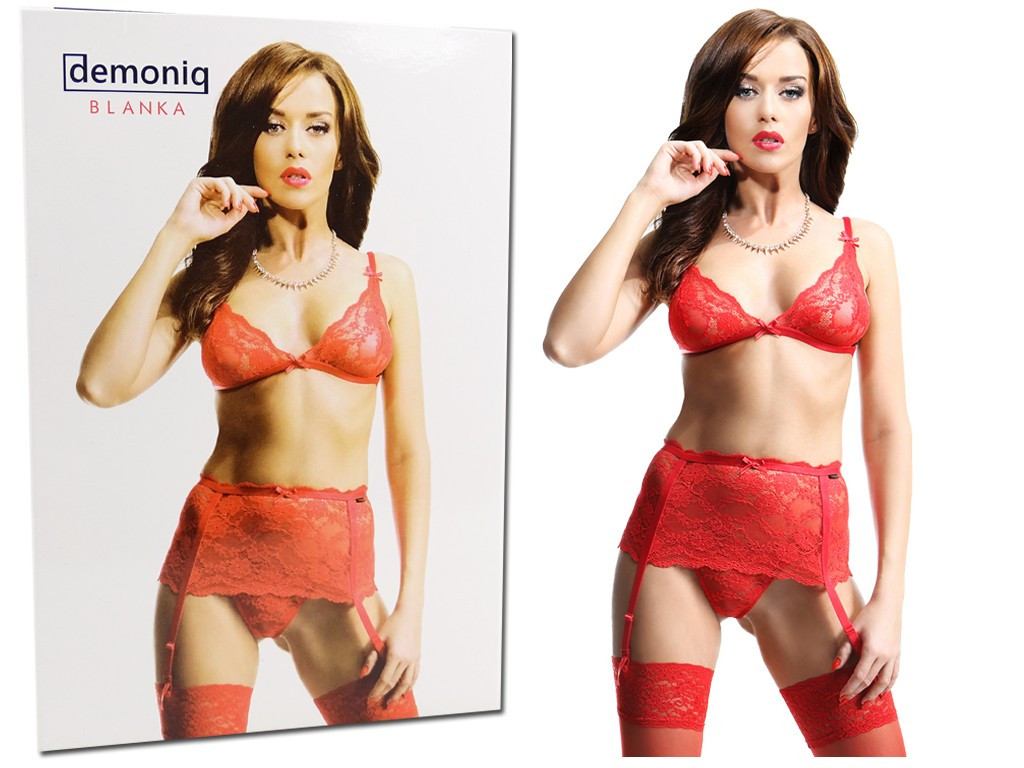 Red set of underwear high garter belt bra - 3
