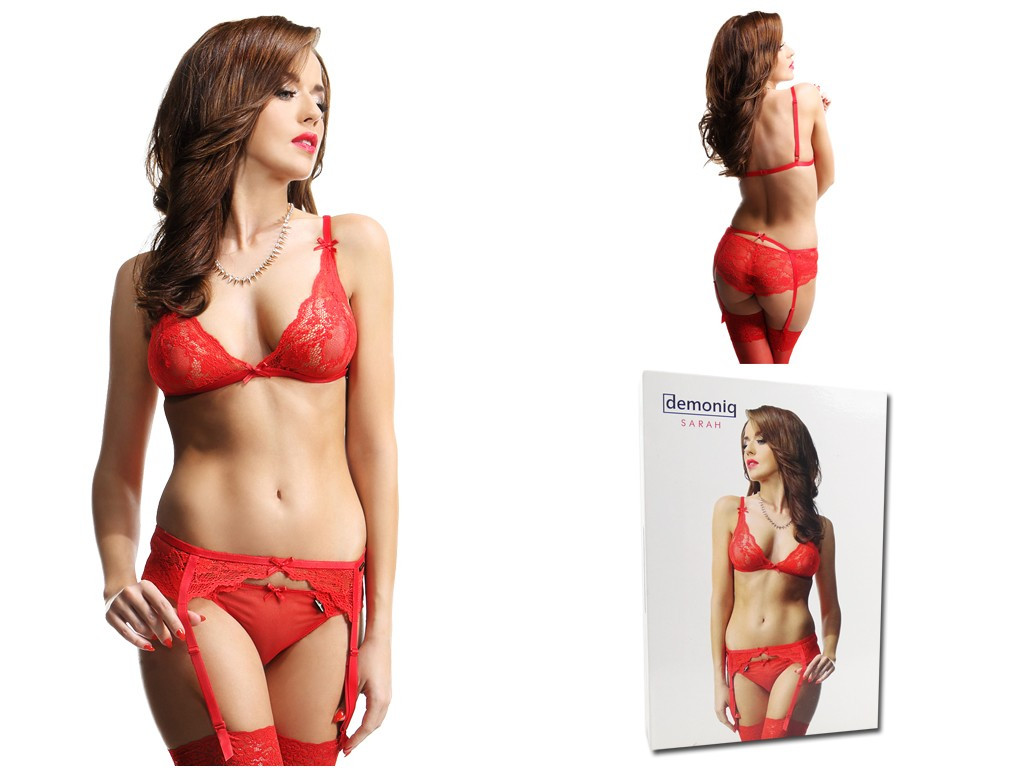 Ensemble lingerie en dentelle rouge porte-jarretelles porte-jarretelles - 4
