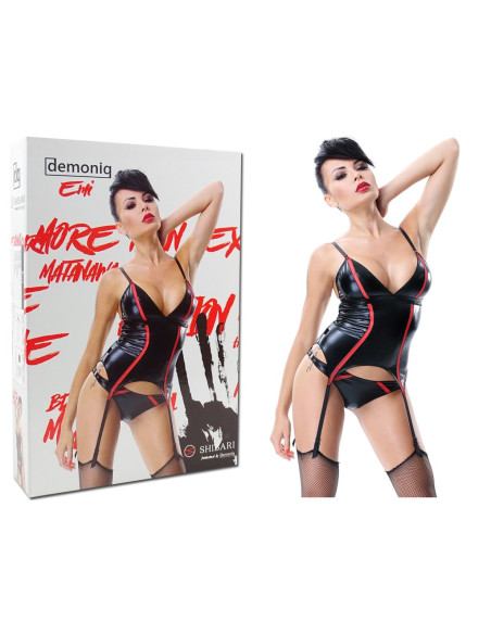 Corset noir en cuir wetlook avec porte-jarretelles - 3
