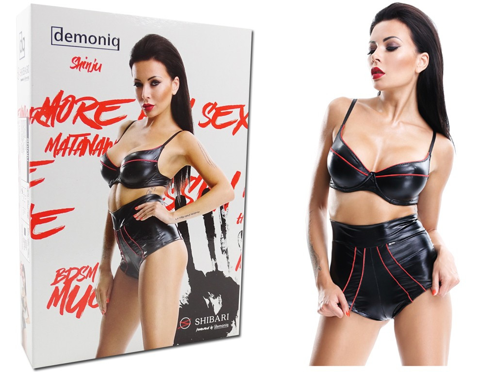Black set of shorts and bra like wetlook leather - 3