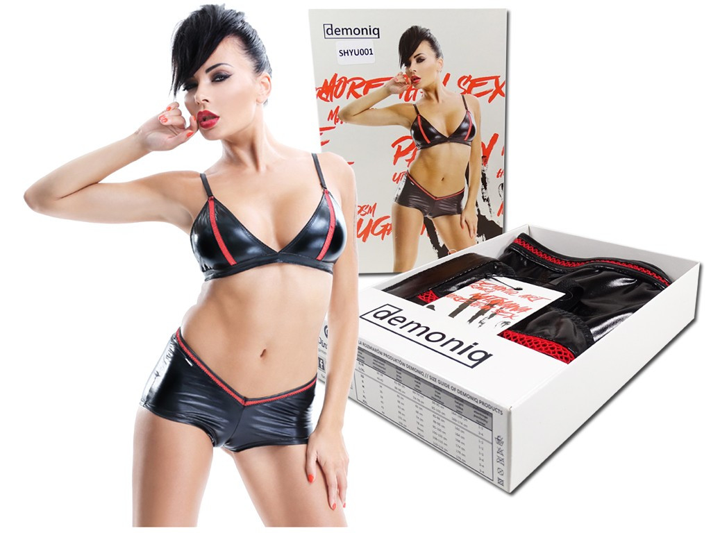 Schwarzer BH und Shorts wie erotische Dessous aus Leder - 5