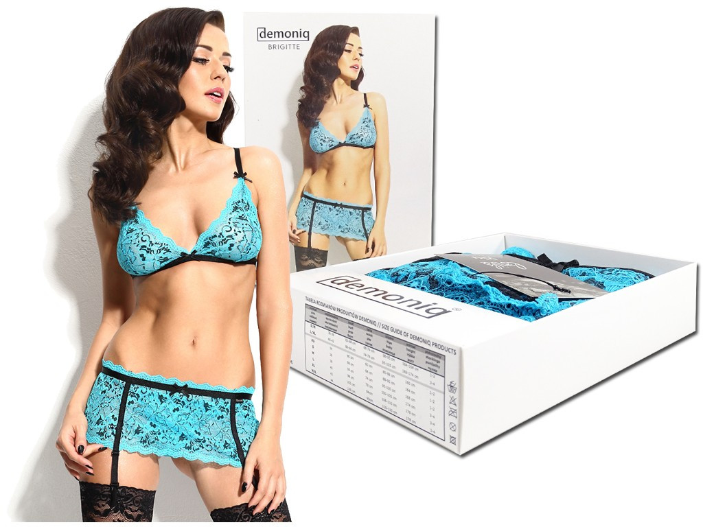Blue lingerie set garter belt bra - 5
