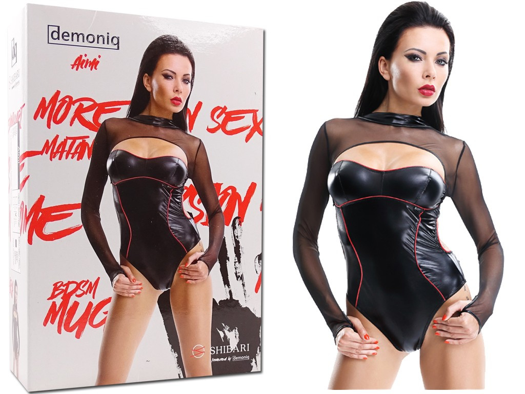 Czarne body jak skóra wetlook z długim rękawem