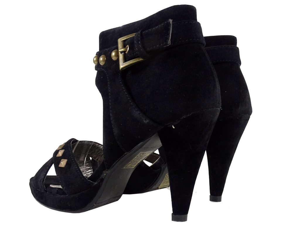 Schwarze Sandalen aus Wildleder für Damen, Nieten mit hohen Absätzen - 2