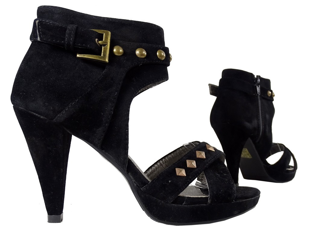 Black suede sandals ladies' pins studs - 3