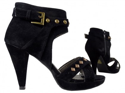 Sandale din piele de căprioară neagră pentru femei, cu toc înalt și știfturi - 3