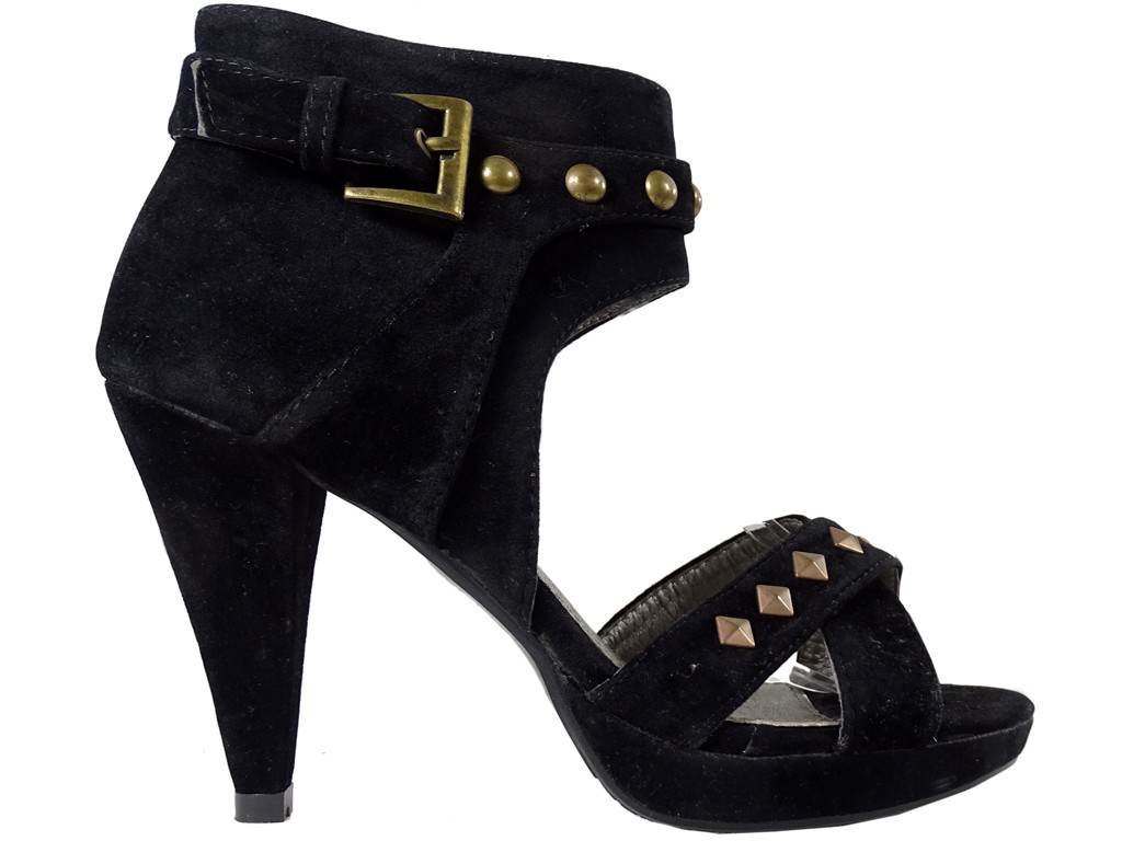 Sandale din piele de căprioară neagră pentru femei, cu toc înalt și știfturi - 1