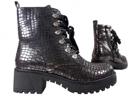 Black ladies' boots trappers shine silver - 4
