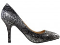 Čierne vysoké podpätky so vzorom hada, biele a sivé dámske topánky - 1