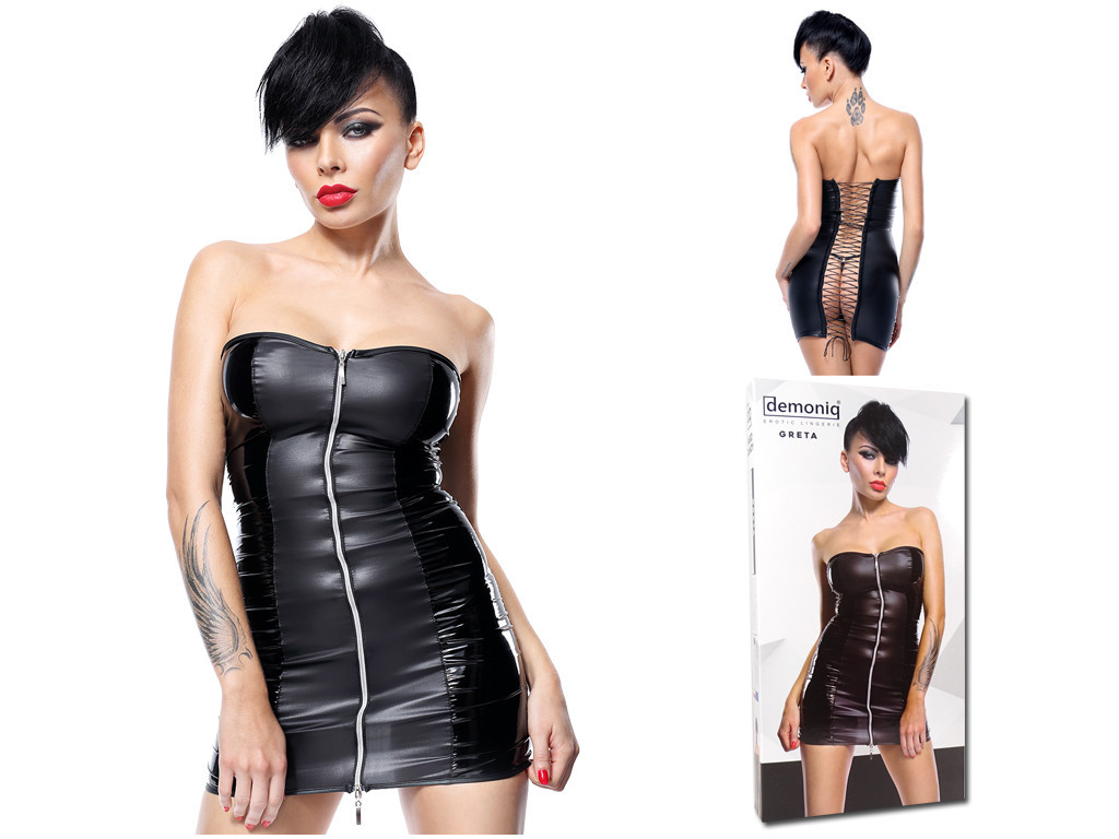 Juodos spalvos odinė suknelė, surišta nugaroje - 4