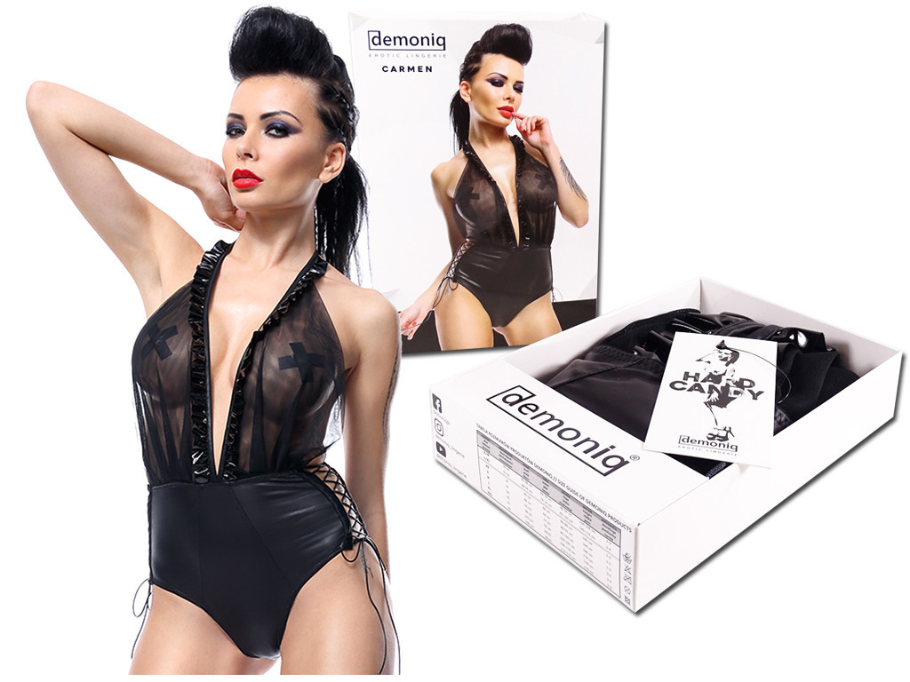 Czarne body siateczka i wetlook jak skóra - 4
