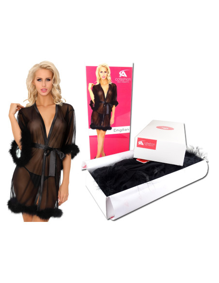 Halat de baie erotic peignoir negru cu pene - 5