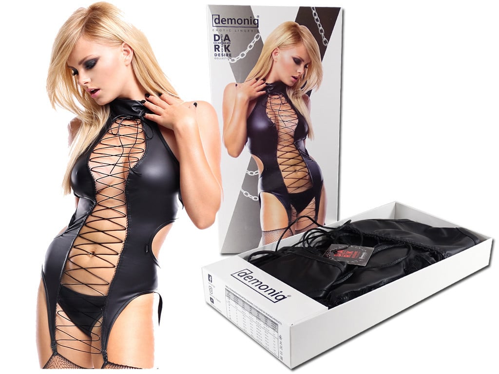Corset negru umed legat cu cleme de jartieră - 5
