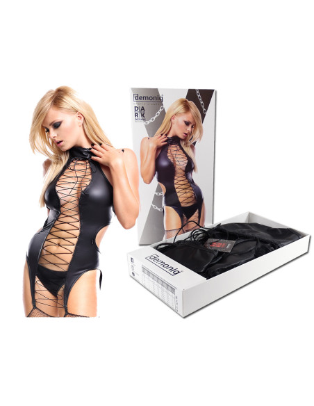 Corset negru umed legat cu cleme de jartieră - 5