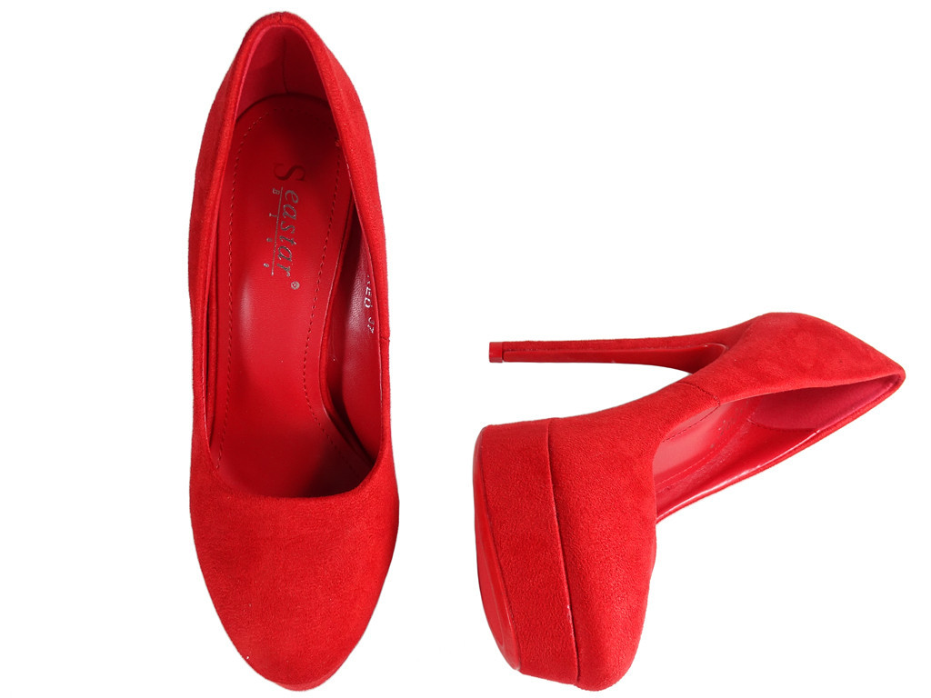 Sarkanas platformas stilettos zamšādas sieviešu apavi - 4