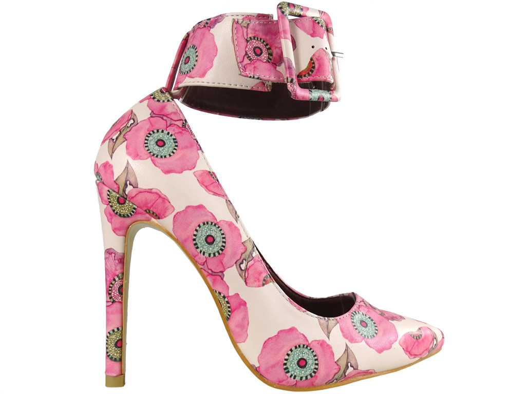 Różowe szpilki damskie z paskiem w kostce buty - 1