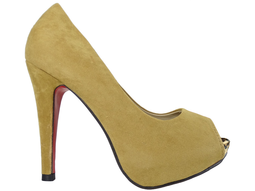 Camel kawowe szpilki na platformie zamszowe buty