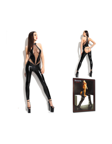 Set negru umed ca piele Catsuit - 4