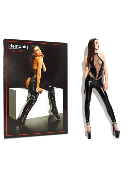 Čierny set wetlook ako koža Catsuit - 3