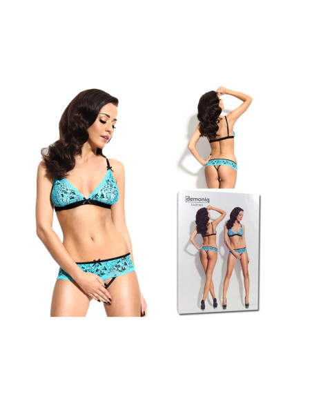 Lace set of lingerie turquoise panties open step - 4