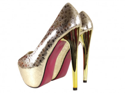 Arany magas sarkú cipő az emeletes női kígyóbőr cipőben - 2