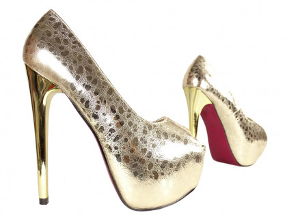 Arany magas sarkú cipő az emeletes női kígyóbőr cipőben - 4