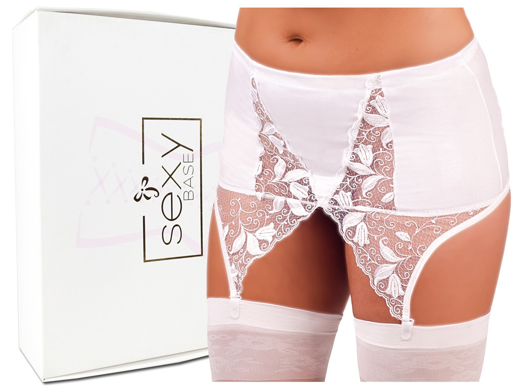 White wet-look garter belt with lace - 5