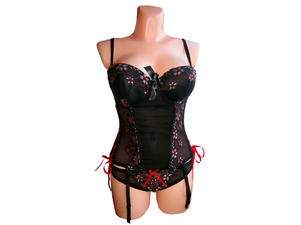 KORSETTSET AUS PUSH-UP-UNTERWÄSCHE SCHWARZ MIT ROT  - 1