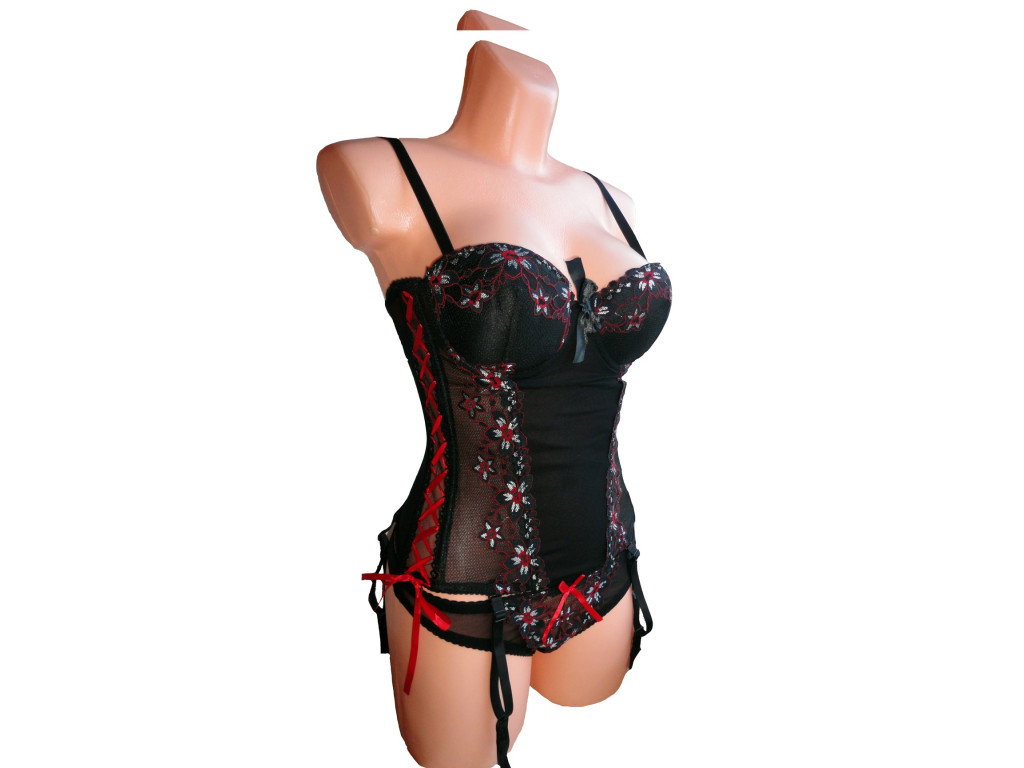 CORSET SET OF PUSH UP UNDERWEAR BLACK WITH RED  - 2