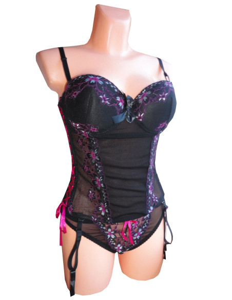 Korzet PUSH UP UNDERWEAR SET ČERNÝ S RŮŽOVÝM