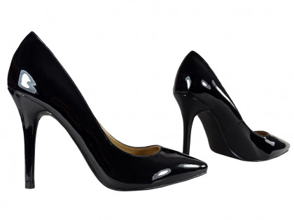 Dámske čierne vysoké podpätky, lakované klasické topánky - 3