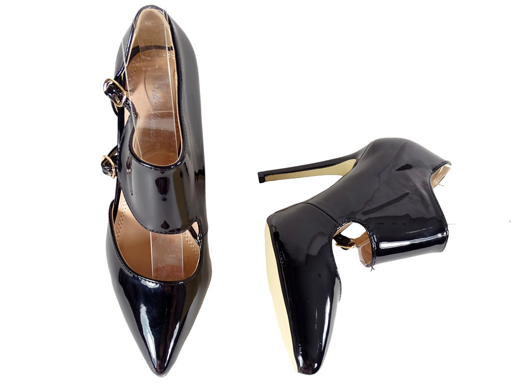 Bottes noires laquées à épingles pour dames avec ceinture - 4