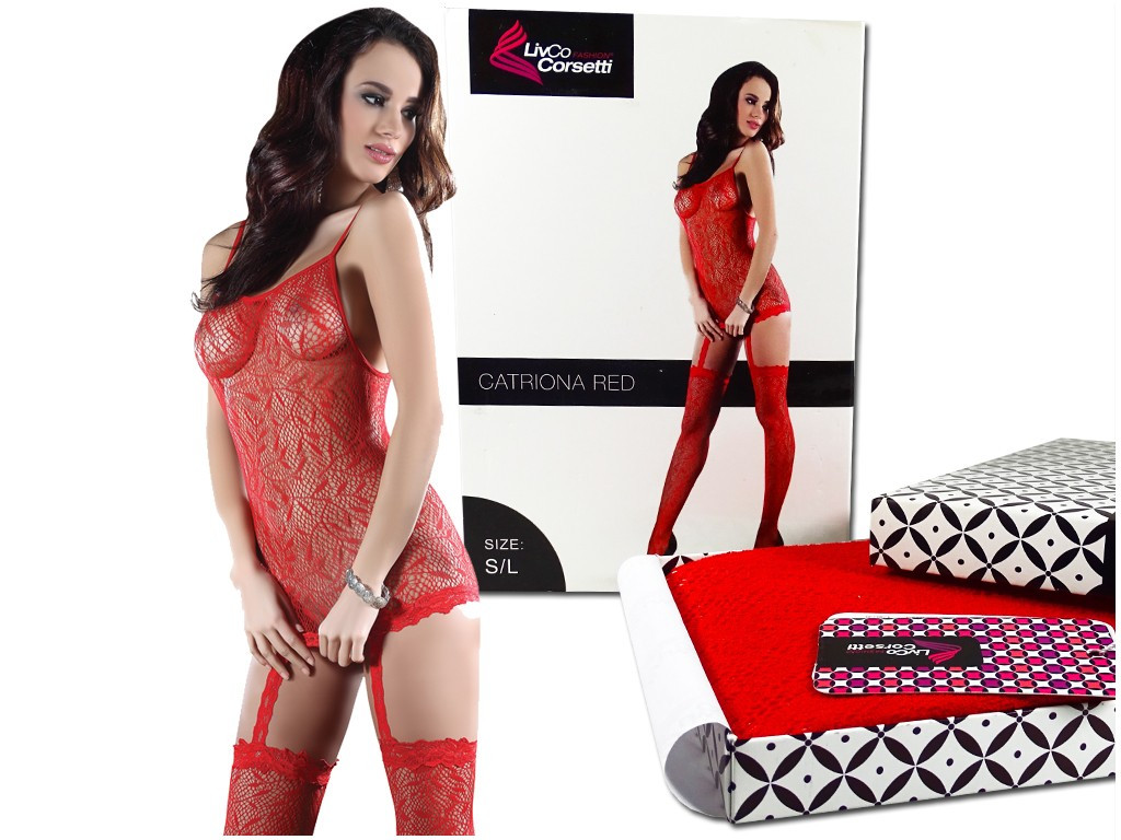 Czerwony bodystocking damskie imitacja pończoch - 5