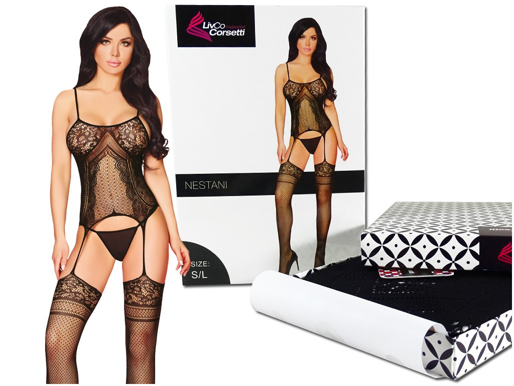 Juodas bodystocking erotinis apatinis trikotažas raštuotas - 5
