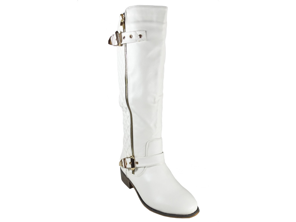Weiße Öko-Stiefel aus Leder bis zum Knie gesteppt - 4