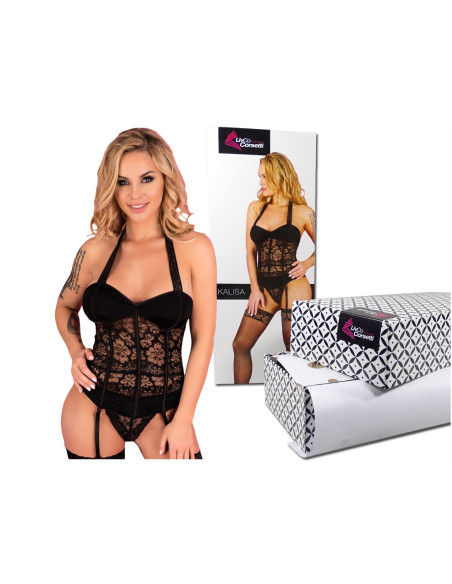 Corset erotic negru cu dantelă, curele de jartieră - 5