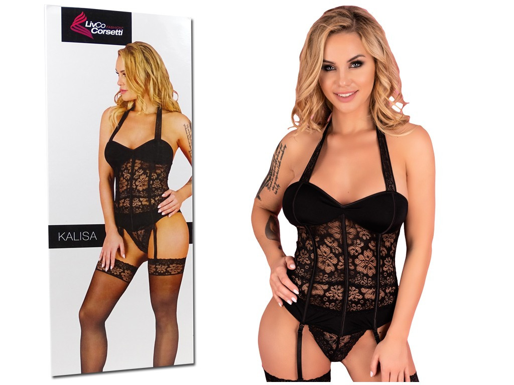 Corset erotic negru cu dantelă, curele de jartieră - 6