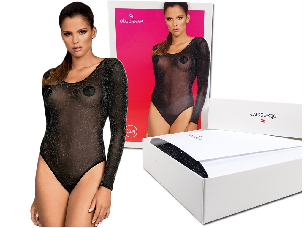 Czarne prześwitujące błyszczące body Obssesive - 5