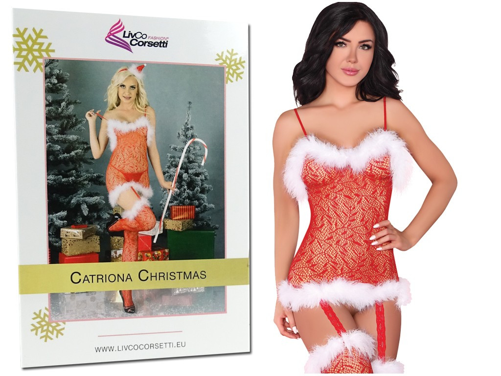 Czerwone świąteczne koronkowe bodystocking z puszkiem - 6