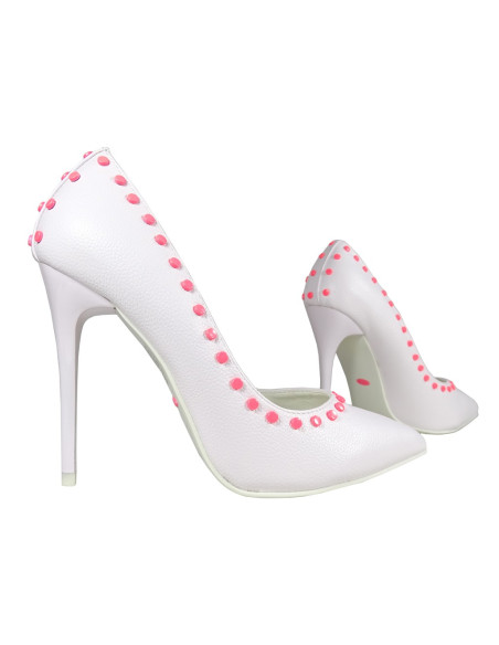 Stilettos en cuir écologique blanc mat avec gochas roses - 3