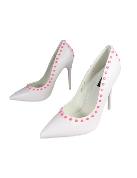 Weiße matte Öko-Leder-Stilettos mit rosa Gochas - 5