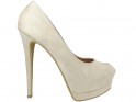 Beige suede stiletto heels on a toeless platform - 1
