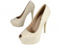 Beige suede stiletto heels on a toeless platform - 4