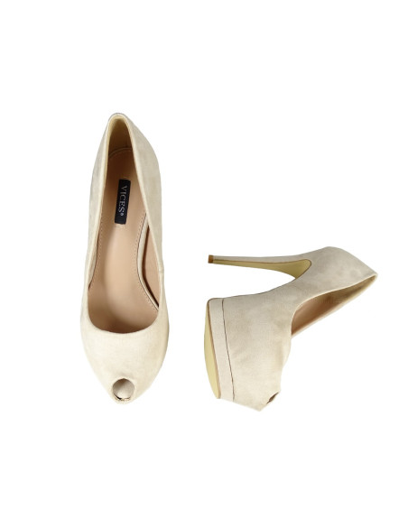 Talons aiguilles en daim beige sur une plateforme sans orteil - 5