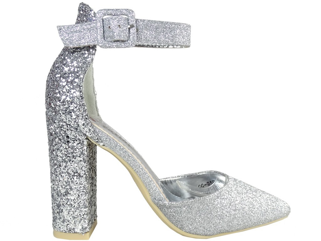 Sudraba brokāta stiletto papēži ar siksniņu - 1