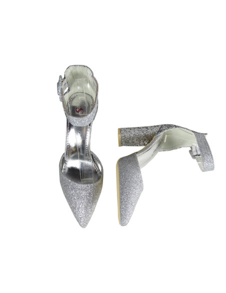 Silberne Brokat-Stiletto-Absätze mit Riemen - 4