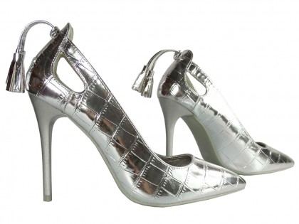 Pantofi stiletto argintii cu oglindă pentru doamne din piele eko - 3