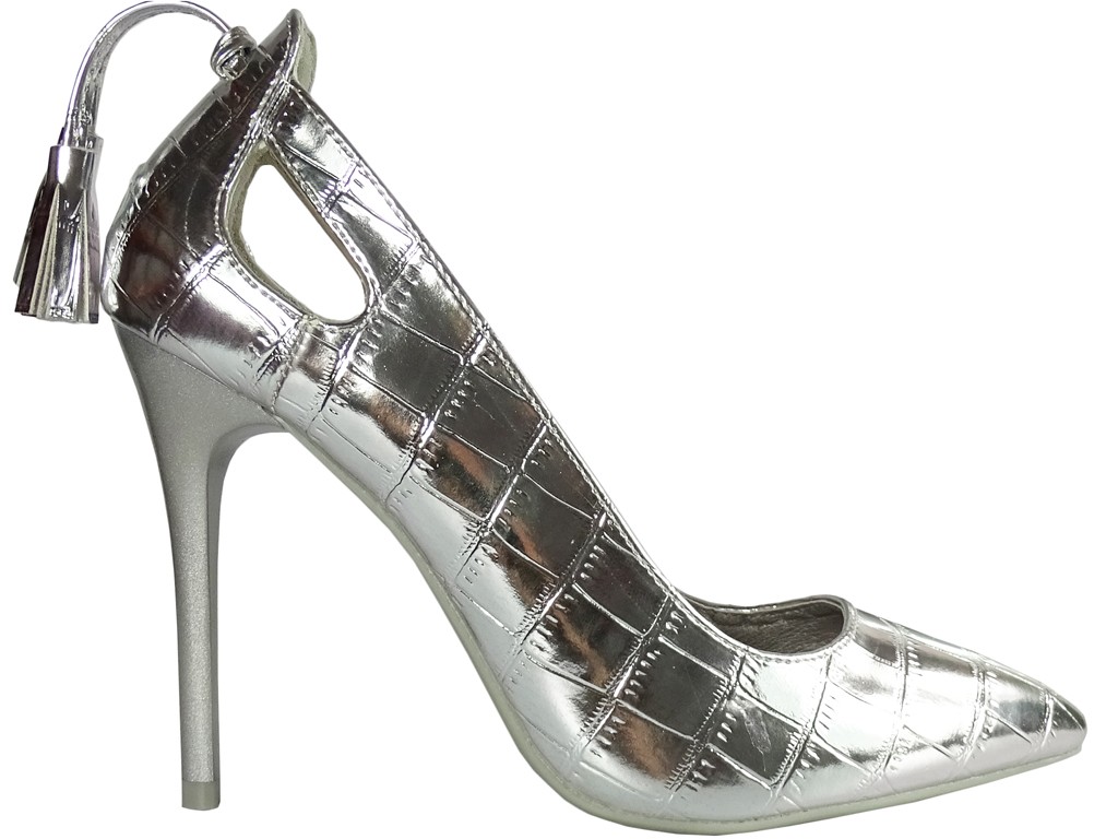Pantofi stiletto argintii cu oglindă pentru doamne din piele eko - 1