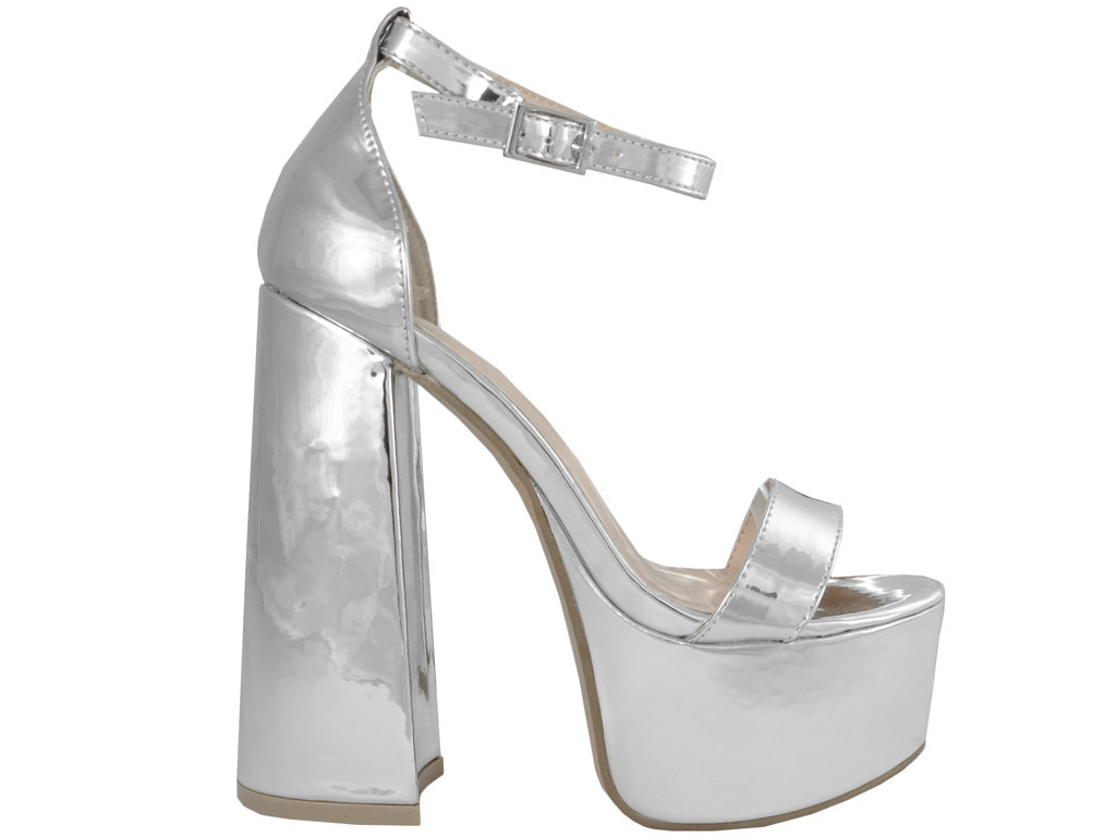 Sandale argintii cu platformă și stiletto cu curea - 1