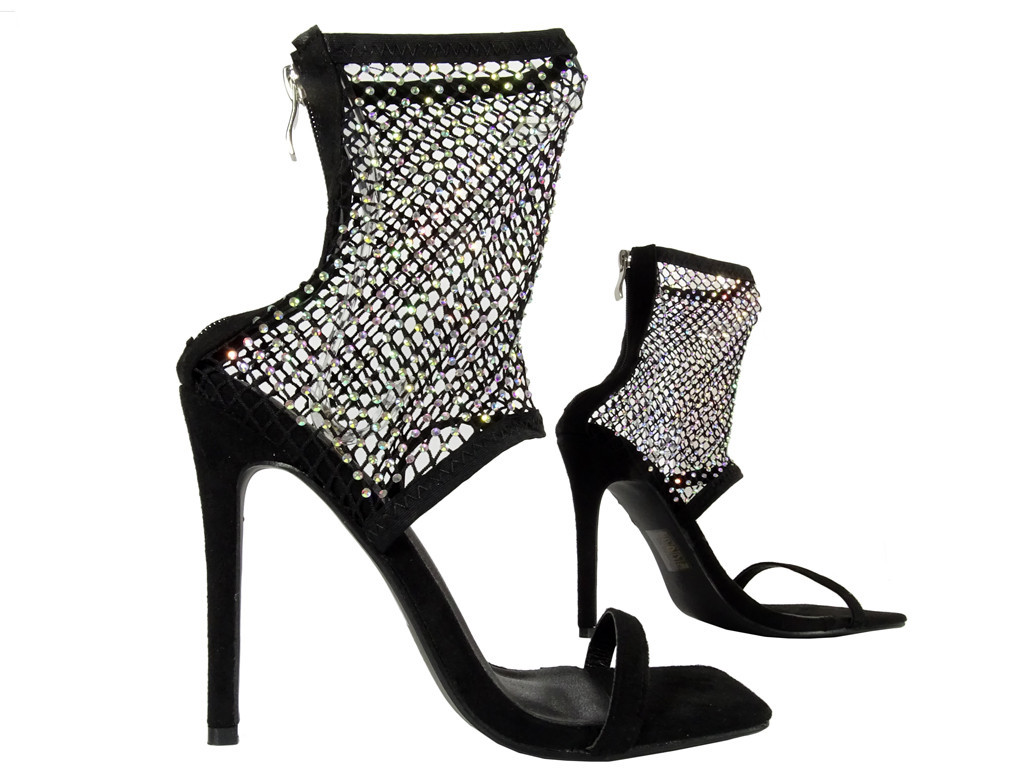 Schwarze durchbrochene Stiletto-Sandalen mit Strasssteinen - 4